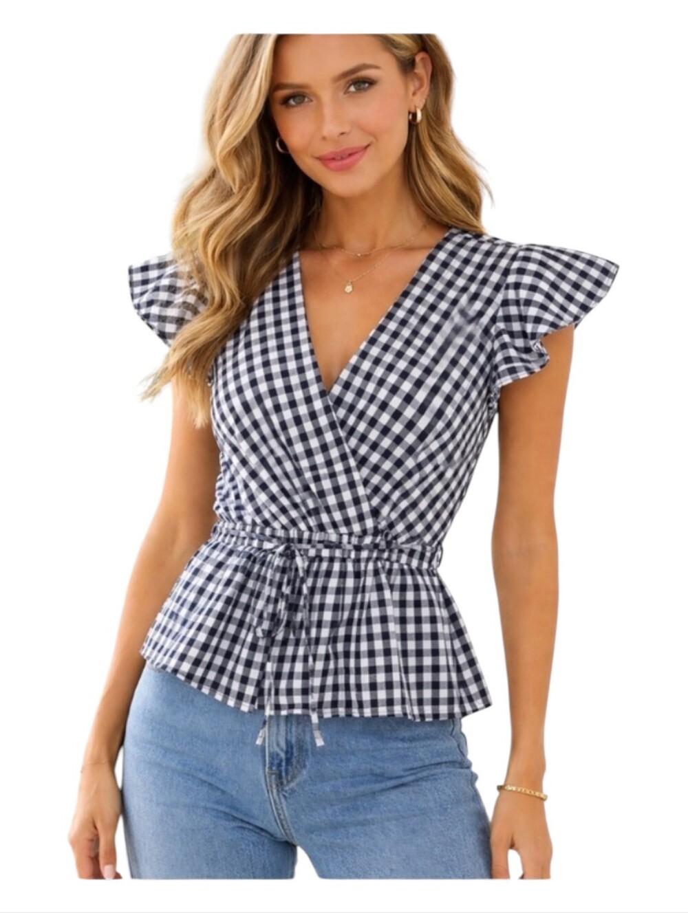 J Crew flutter sleeve faux wrap top Black and White gingham Size 4T